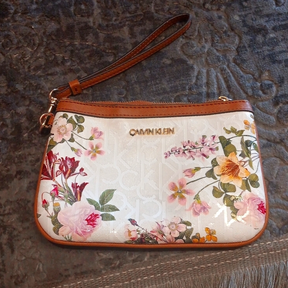 Calvin Klein Women's Vanilla CK Logo With Floral Print Wristlet Handbag Bag